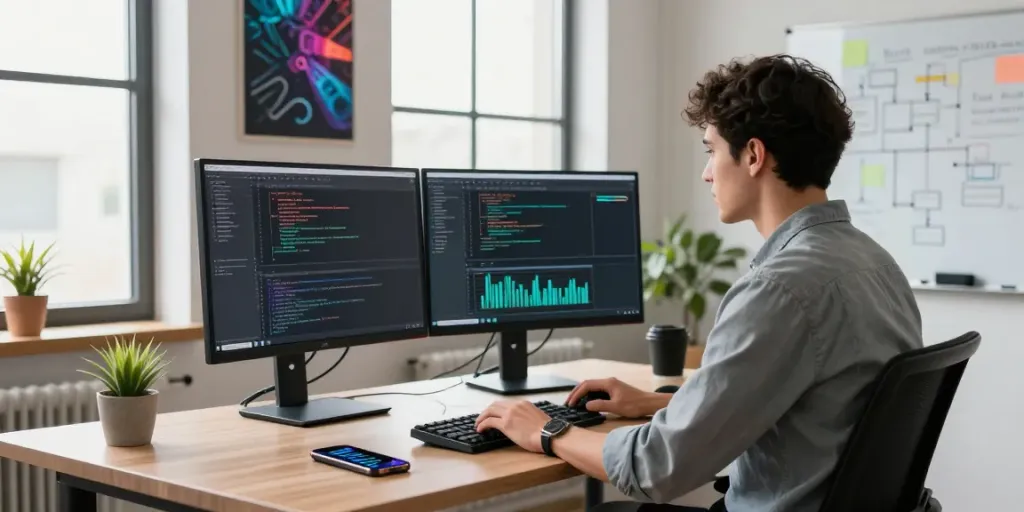 Developer at https://alo8app.win/ coding in a modern workspace, showcasing productivity and creativity with vibrant tech elements.