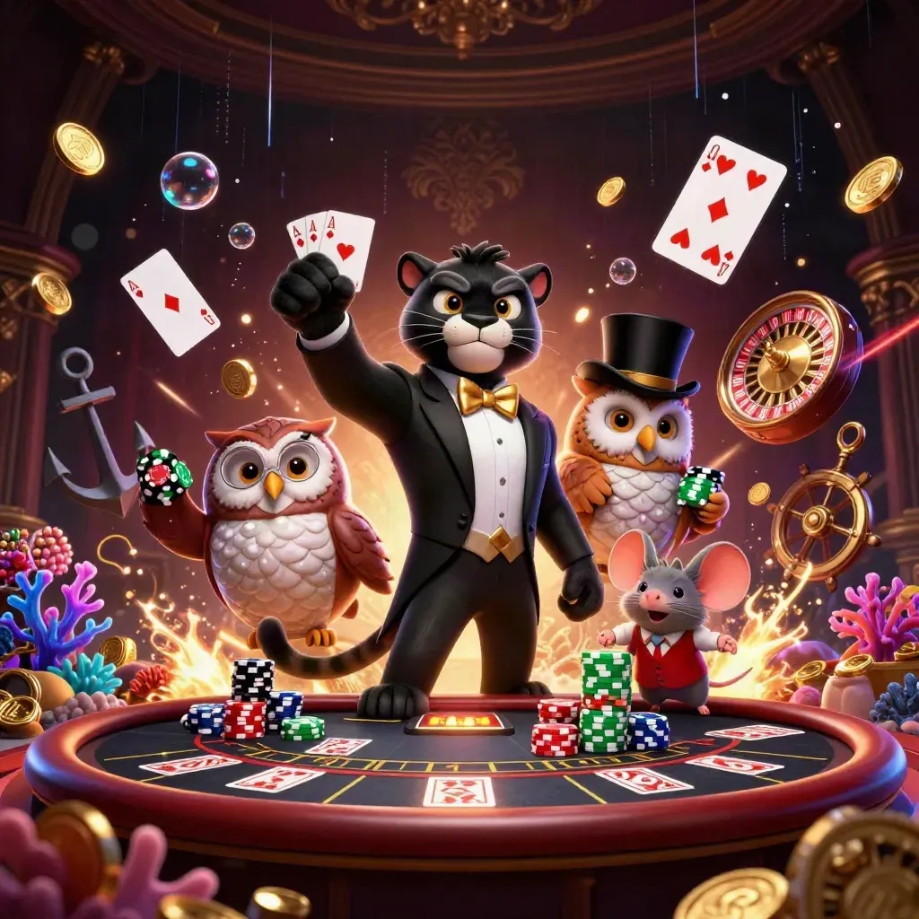 Tuxedo panther, owl, and mouse amid blackjack treasure cove chaos and gold neon light.