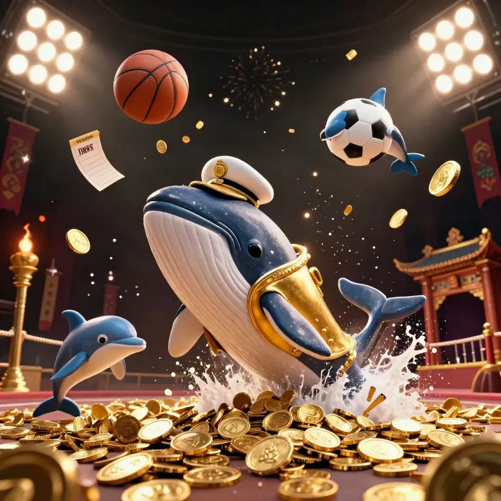 Whale captain, narwhal and dolphins amid coins, balls and casino spark effects under gold stadium light.