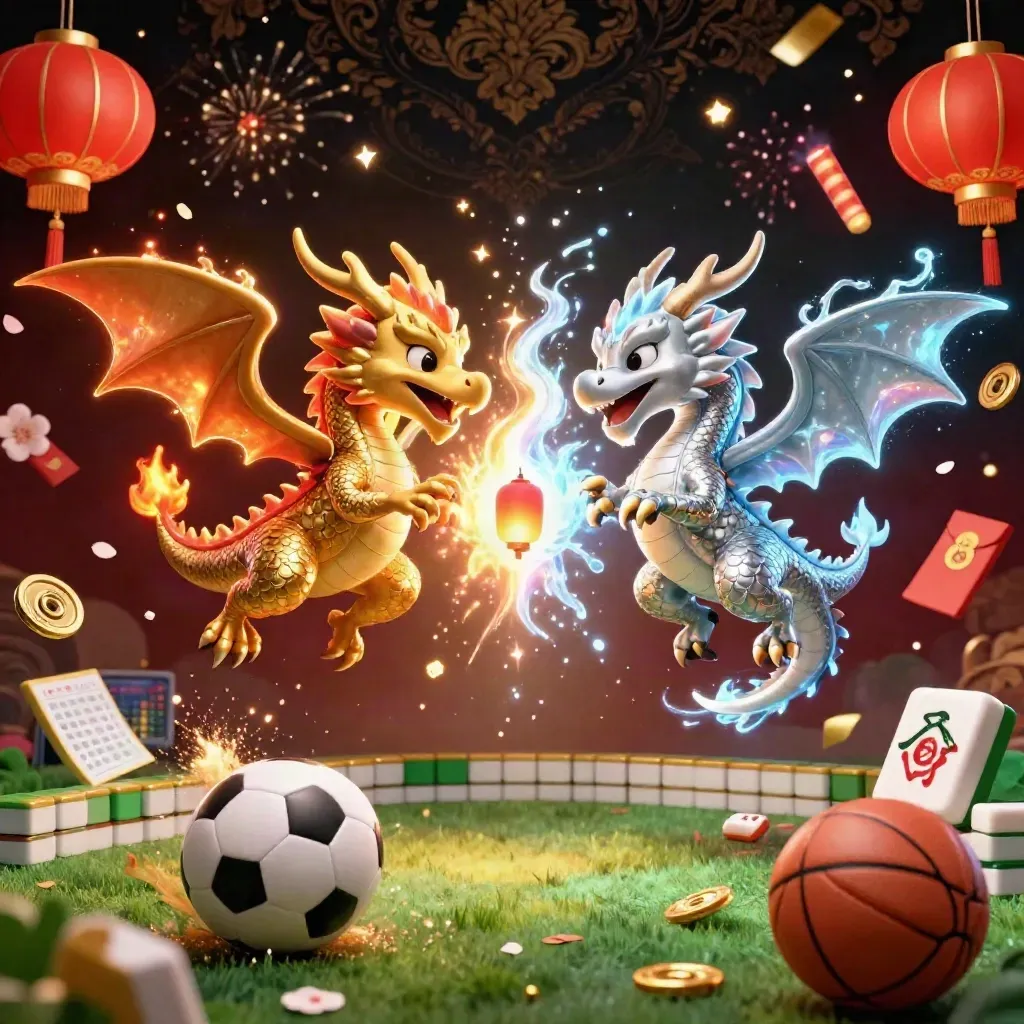 Gold and silver dragons clash in fire and ice amid casino props, balls, lanterns and sparks.