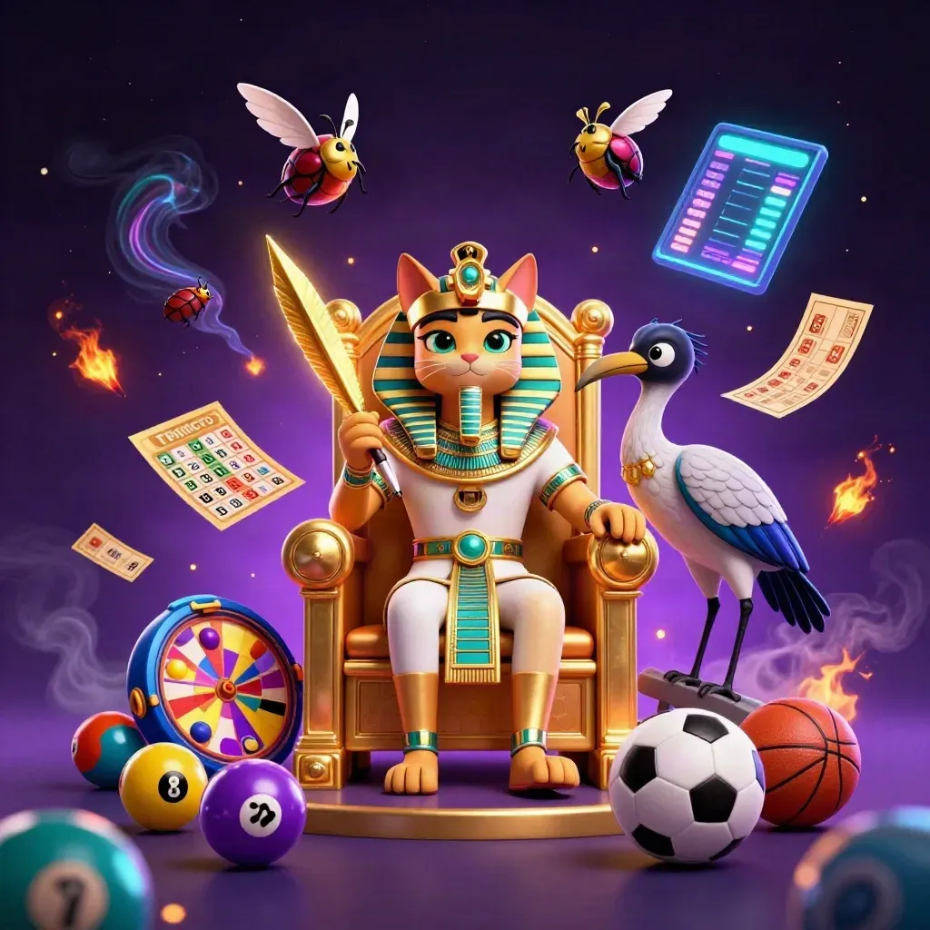 Pharaoh cat, ibis scribe and gem scarabs amid casino balls, wheel, tickets and sports props.