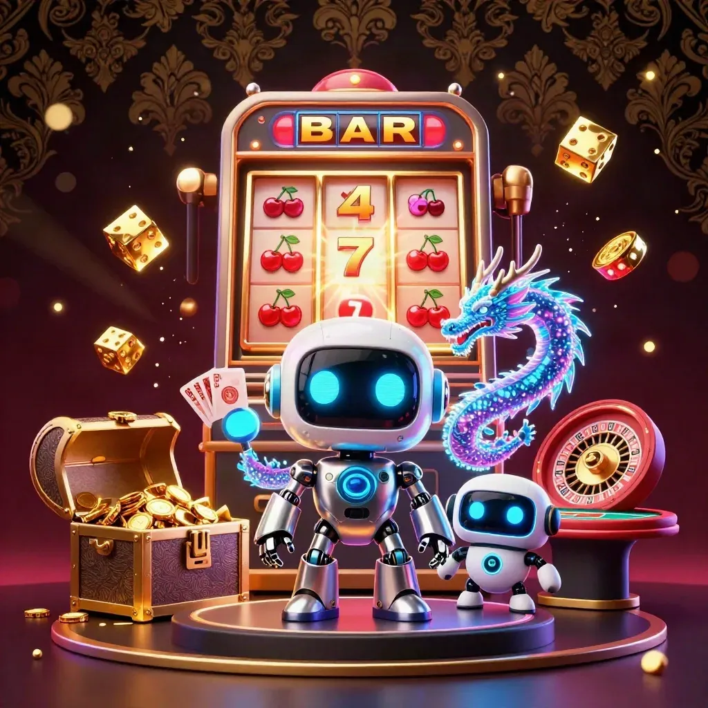 Cyberpunk robot, holographic dragon, and drone in a luxe blackjack casino scene with jackpots and gold glow.
