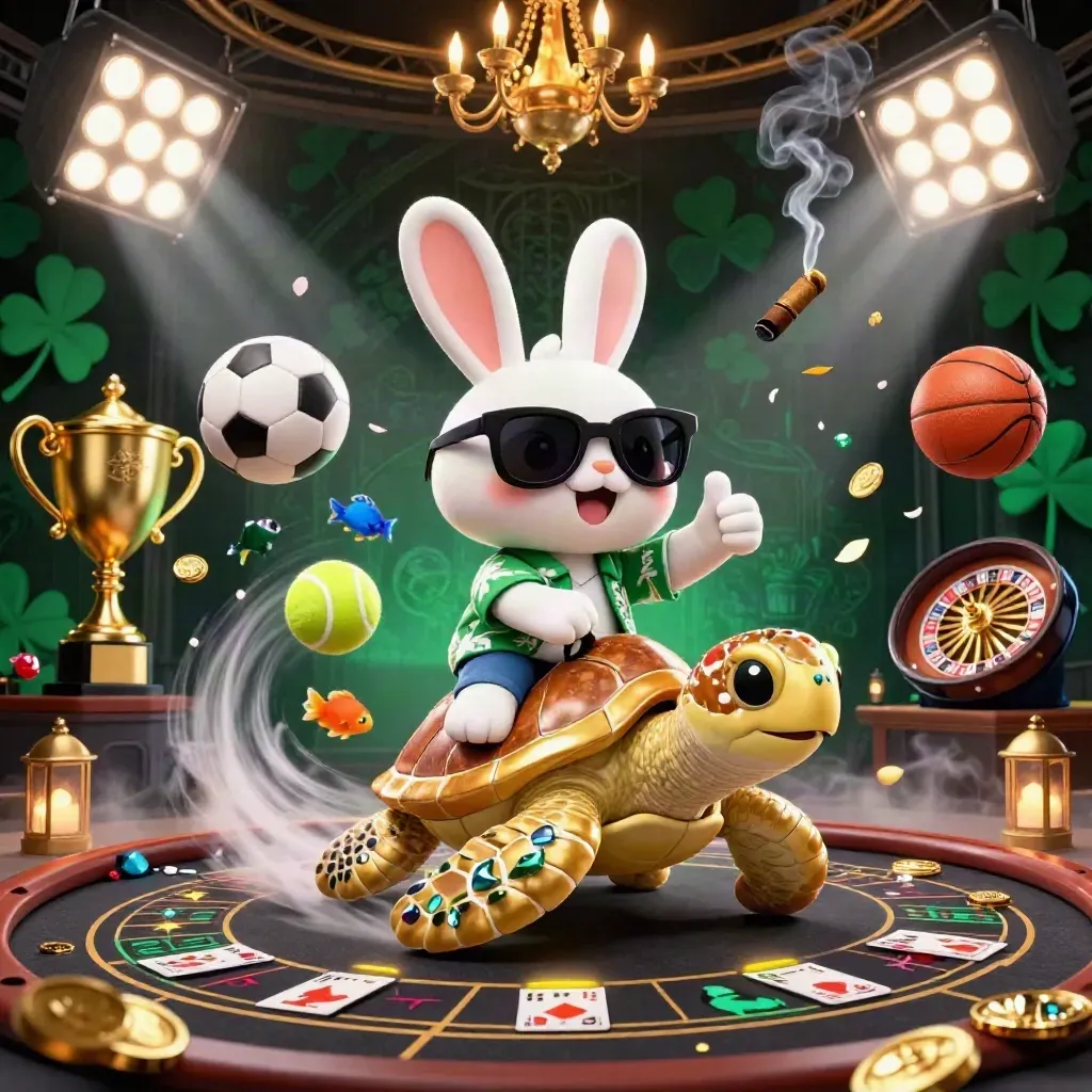Lucky rabbit on a gold sea turtle amid casino lights, coins, sports balls, and fireworks