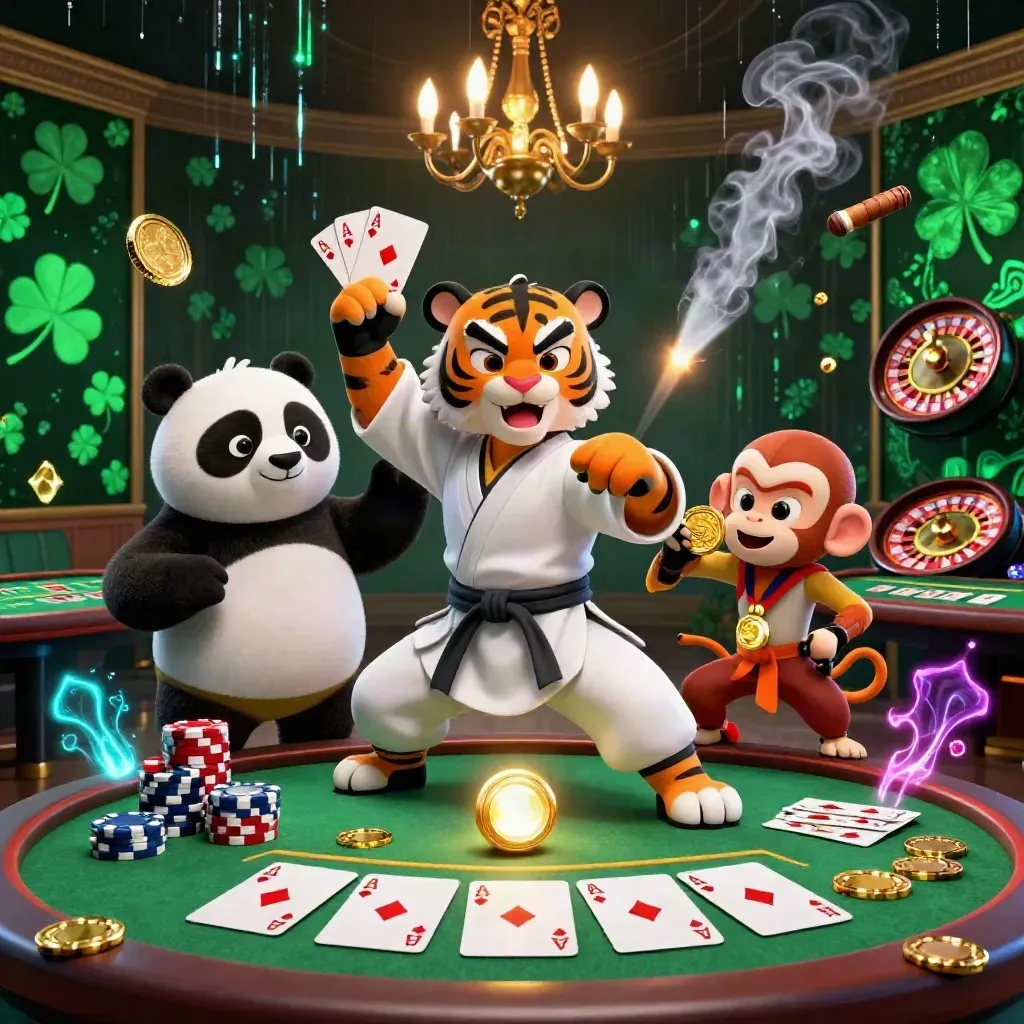 Tiger, panda, and monkey in a neon casino scene with cards, chips, chandelier, and gold glow.