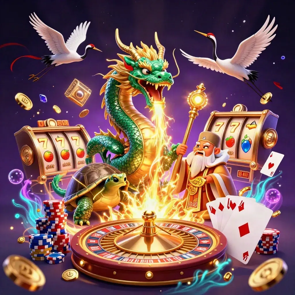 Emerald dragon, turtle sage, cranes, coins, cards, chips and neon casino magic exploding in dark space.