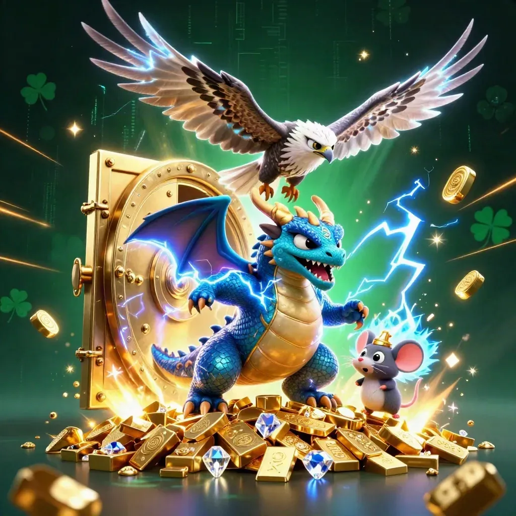 Thunder dragon, wind hawk, and static mouse burst from a golden vault amid jewels and neon lightning.