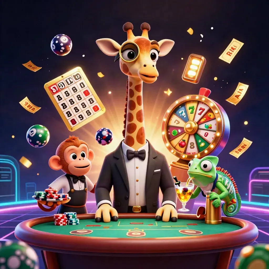 Giraffe, monkey, and chameleon in a neon casino splash with jackpots and flying chips.