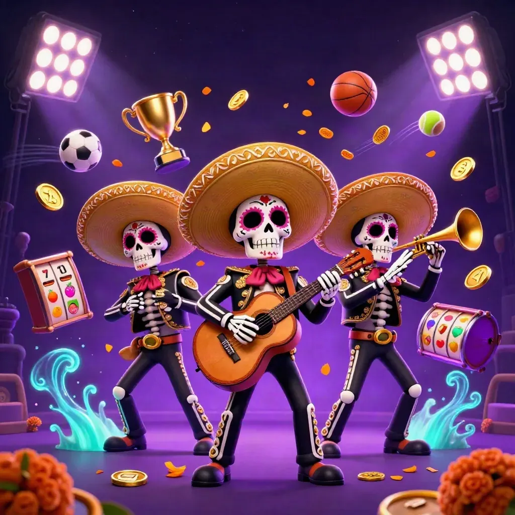 Skeleton mariachi trio amid gold coins, sports balls, trophy, and neon casino glow.