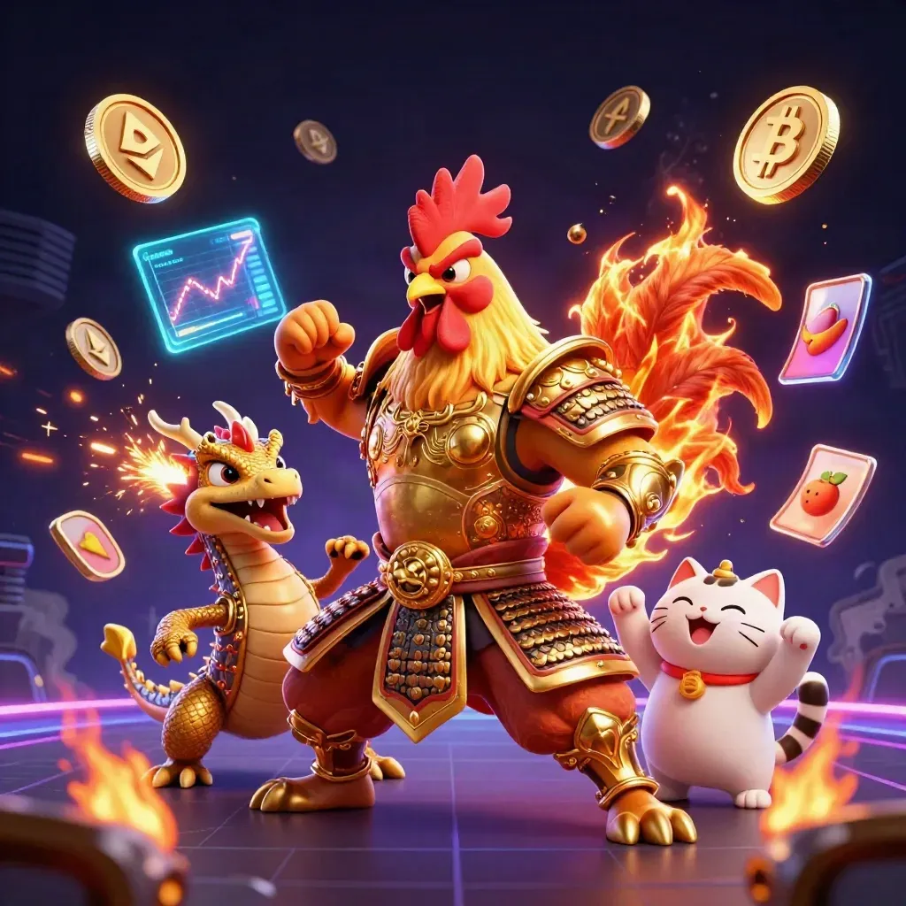 Rooster warrior, dragon hatchling, and fortune-cat amid neon coins, sparks, and casino energy.