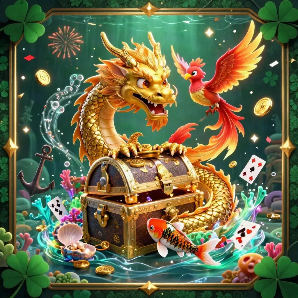 Golden dragon, baby phoenix, and koi in an emerald treasure cove with coins, coral, and fireworks.