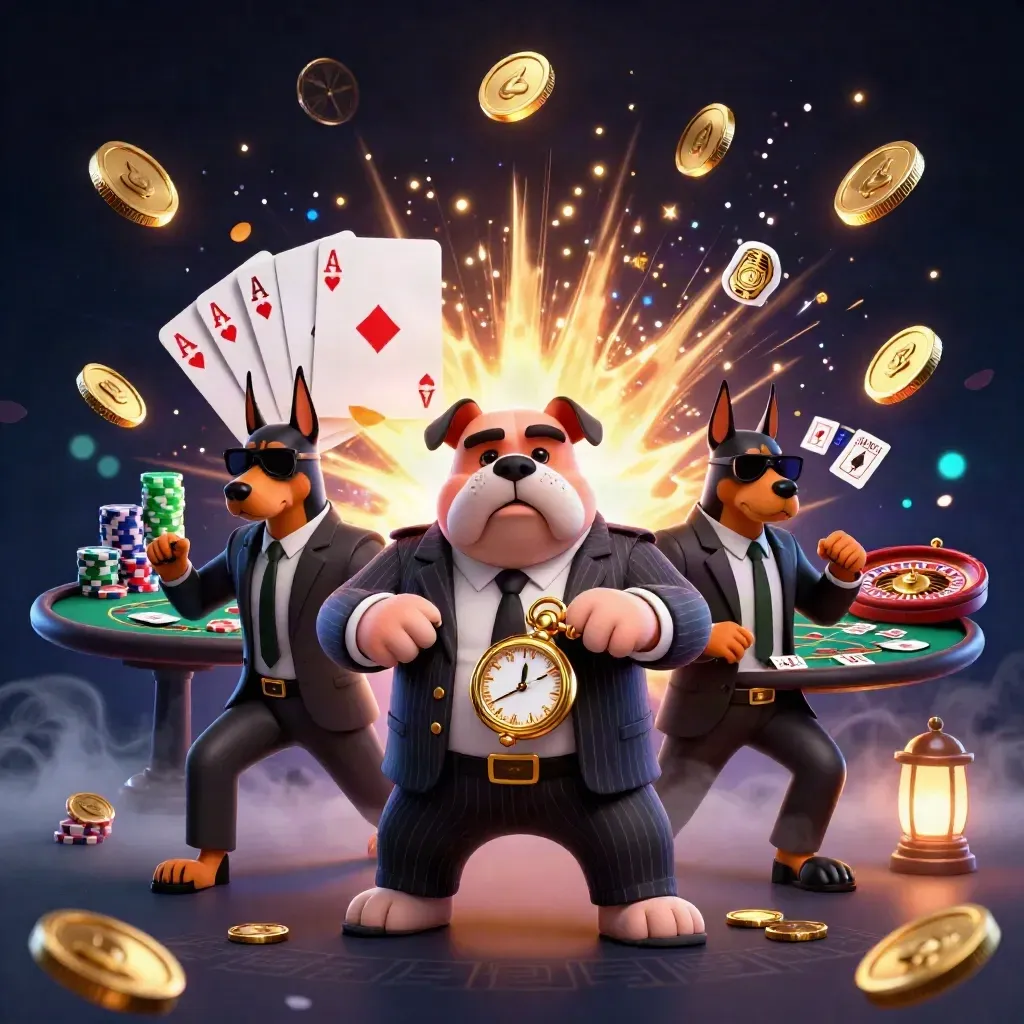 Bulldog mob boss with two Dobermans amid casino chips, cards, coins, and fireworks