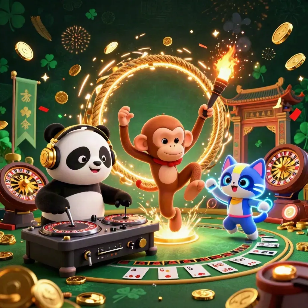 Panda DJ, breakdancing monkey, and rave kitten amid coins, fireworks, and casino magic.