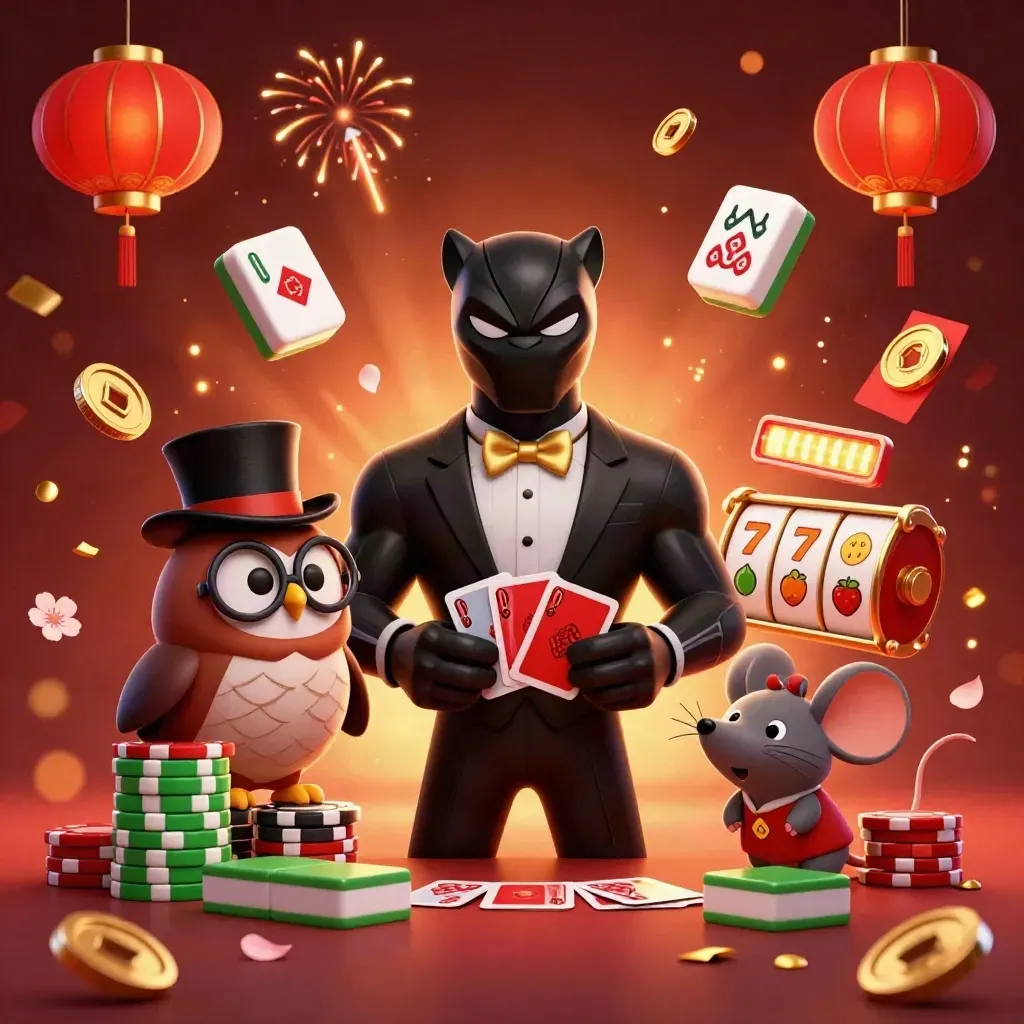 Panther, owl, and mouse casino heroes amid jackpot chips, lanterns, coins, and glowing ember light.