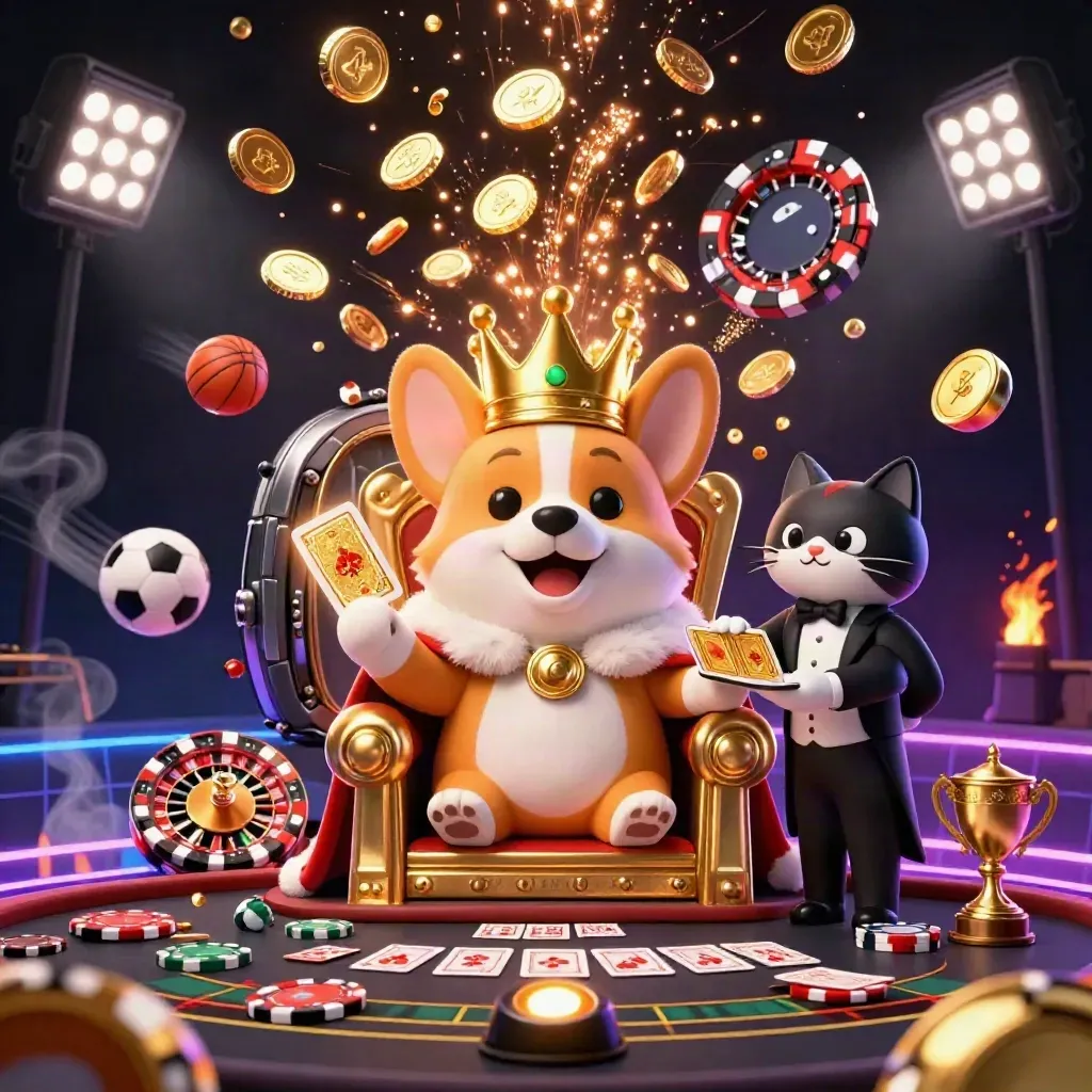 Royal corgi and cat butler on a chip throne amid coins, fireworks, and casino lights.