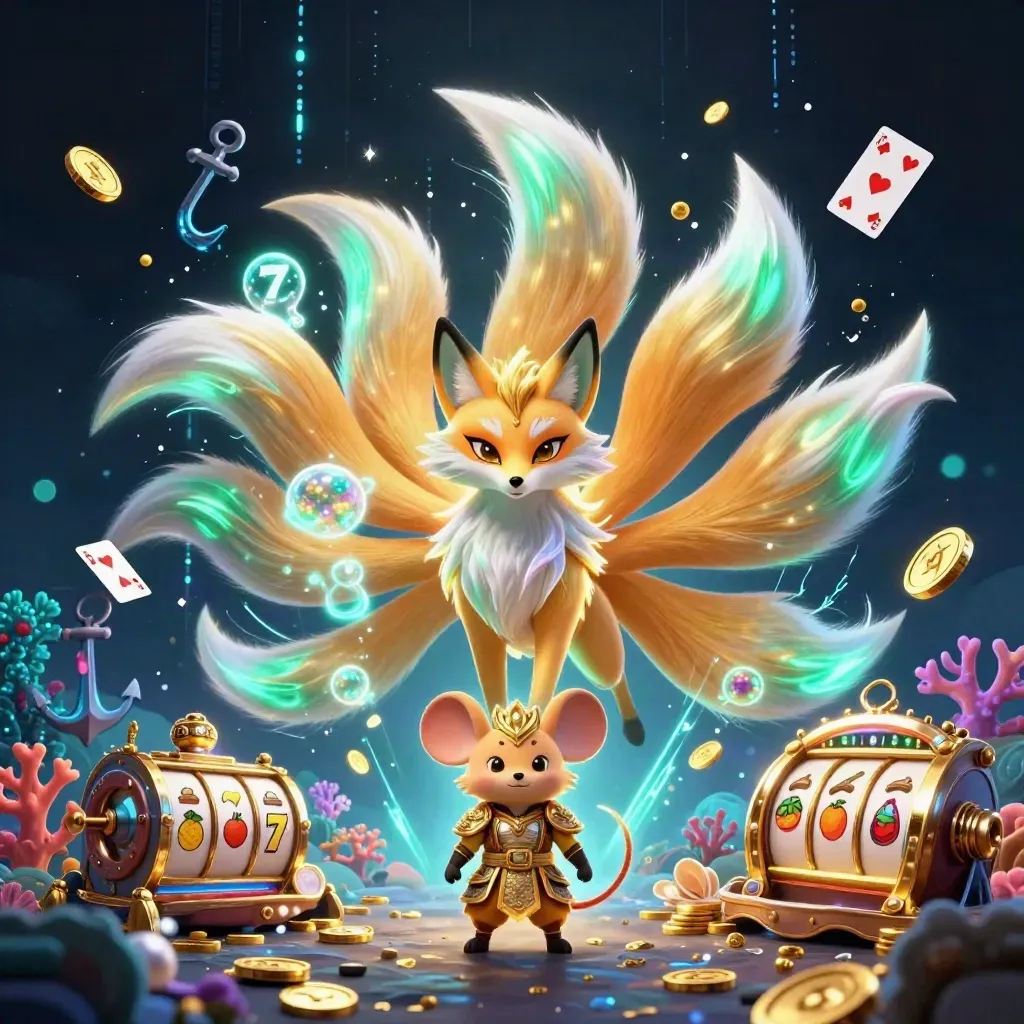 Nine-tailed fox spirit and samurai mouse amid treasure cove, cards, reels, and neon casino energy.
