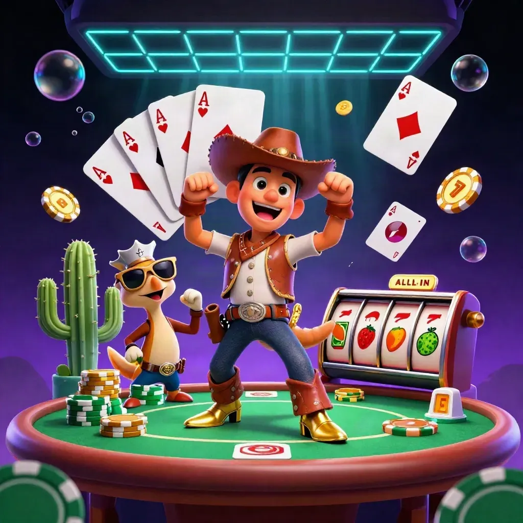 Cowboy T-Rex, cactus pal and roadrunner at a neon blackjack table with chips and jackpots.